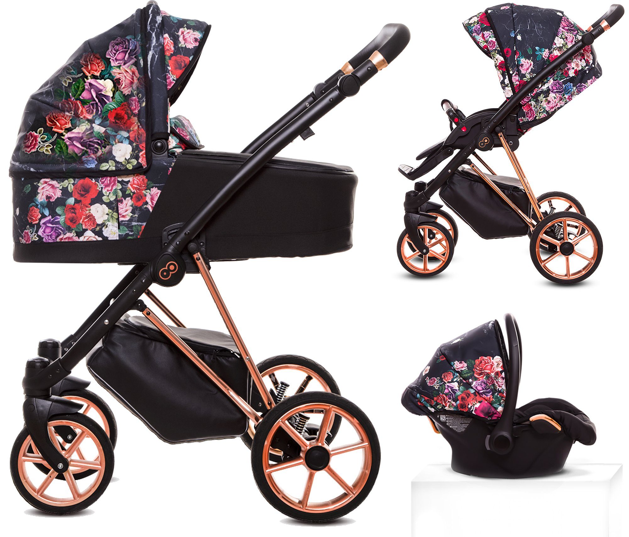 TPFLiving KombiKinderwagen 3 in 1 Musse Dark Rose, Baby Buggy Babywanne Autositz Windeltasche